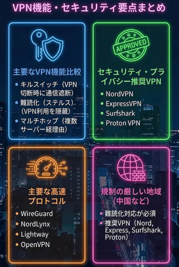 主要VPNの機能・セキュリティ比較｜キルスイッチ・難読化・マルチホップ_まとめ画像