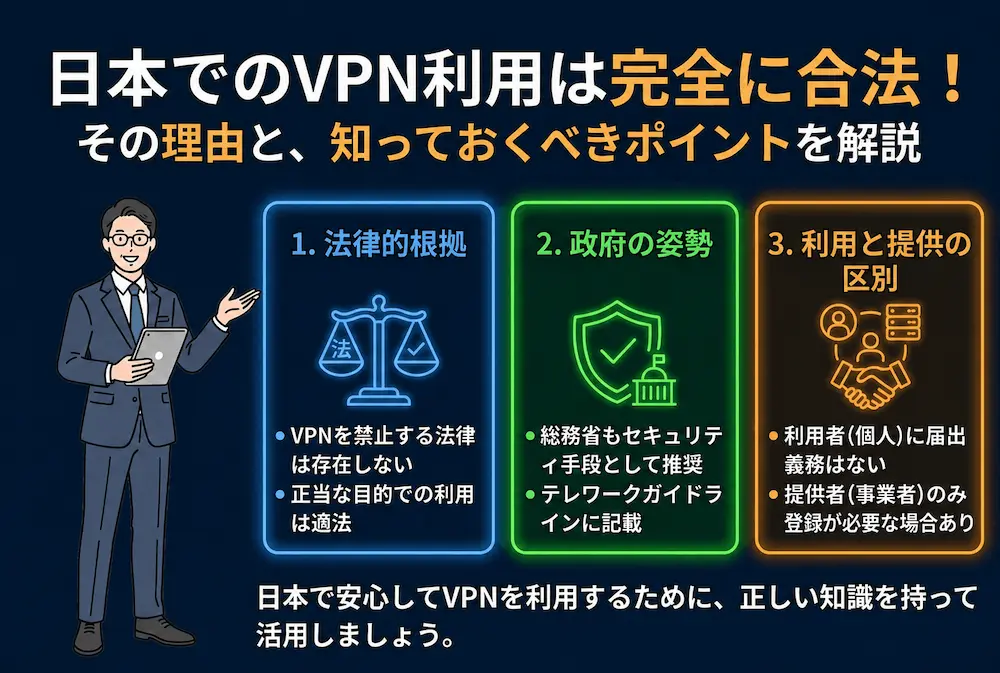 日本ではVPNの利用自体は合法【法的根拠】_まとめ画像