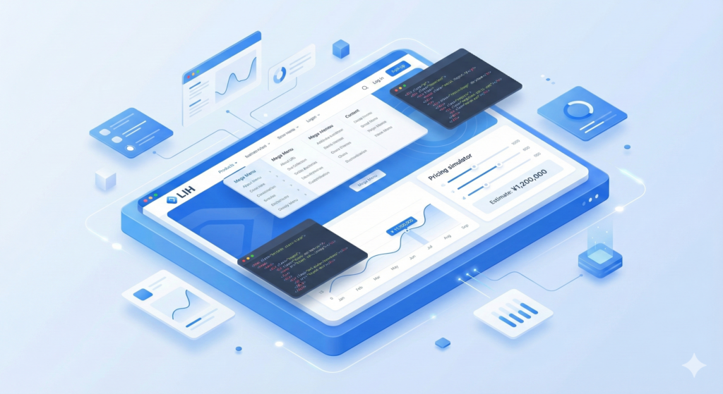 LIH branding, featuring floating UI