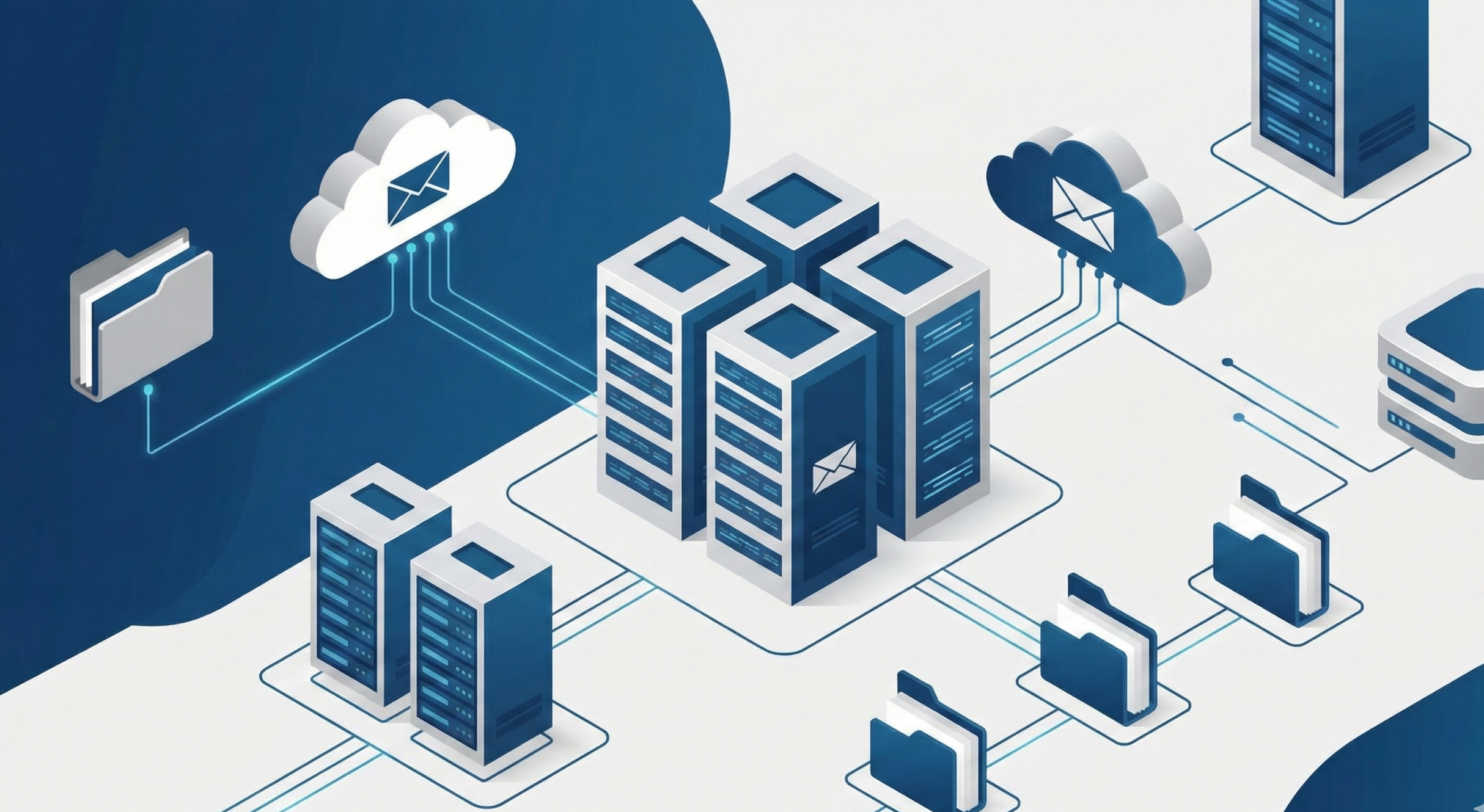 企業の信頼性と高度な技術力を象徴する、クリーンなアイソメトリック図です。コーポレートカラーである深青と白を基調とし、サーバー、クラウド、データフォルダが安全に接続されたビジネスメールのエコシステムを表現しています。専門性と信頼感を強調するデザイン