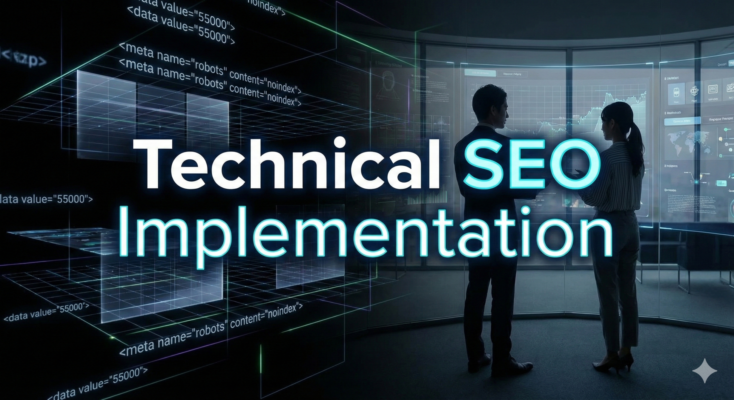 暗い背景に、光るコードの断片と「Technical SEO」の文字が浮かび上がり、日本のWebエンジニアがモニターを見ながら構造化データを調整している様子を描いた、未来的でプロフェッショナルなグラフィックデザイン。