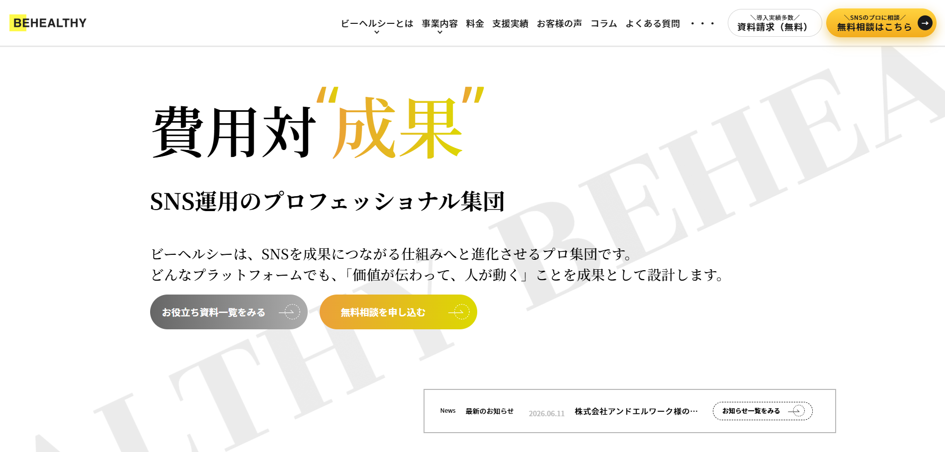 株式会社ビーヘルシーの公式サイトデザイン